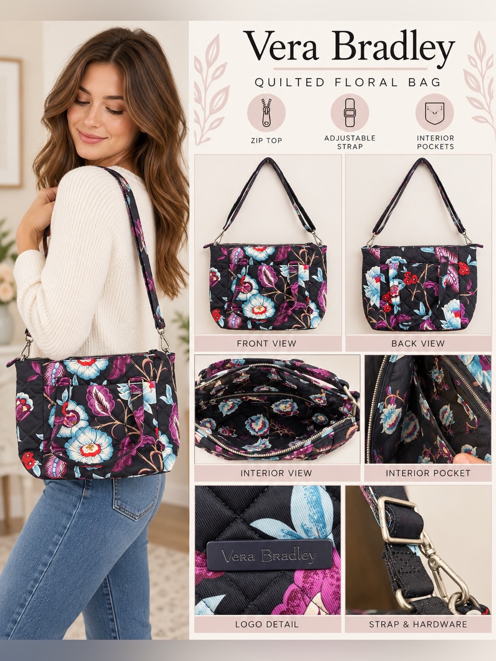 Vera Bradley Quilted Shoulder Bag in Black with Floral Print